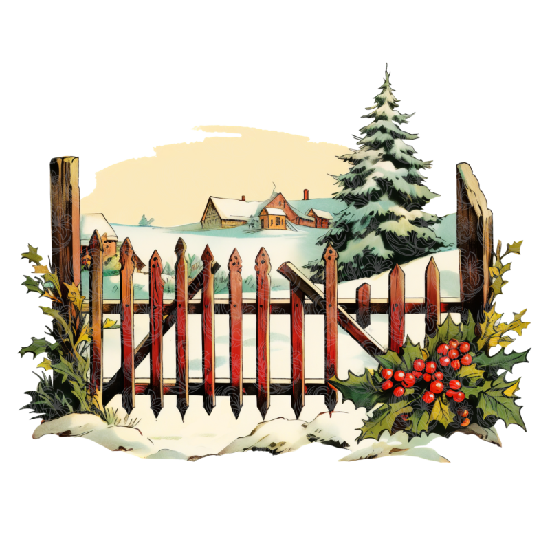 Farm christmas scene with red wooden fence holly berries and snow-covered pine tree Grey Barn Handwerk Saskatchewan